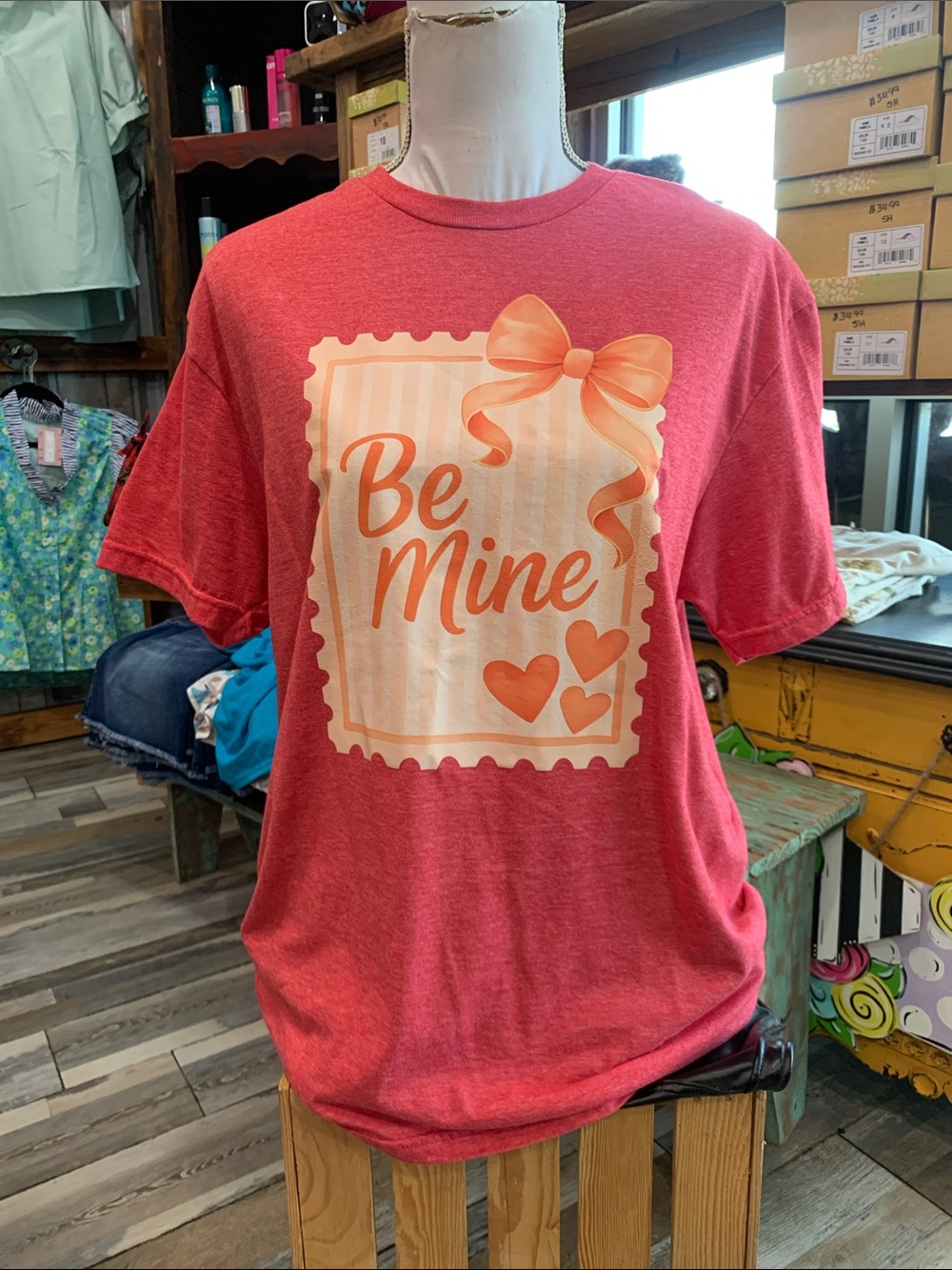 #152 Gildan Coral Red 'Be Mine' Graphic Tee with Peach Accents